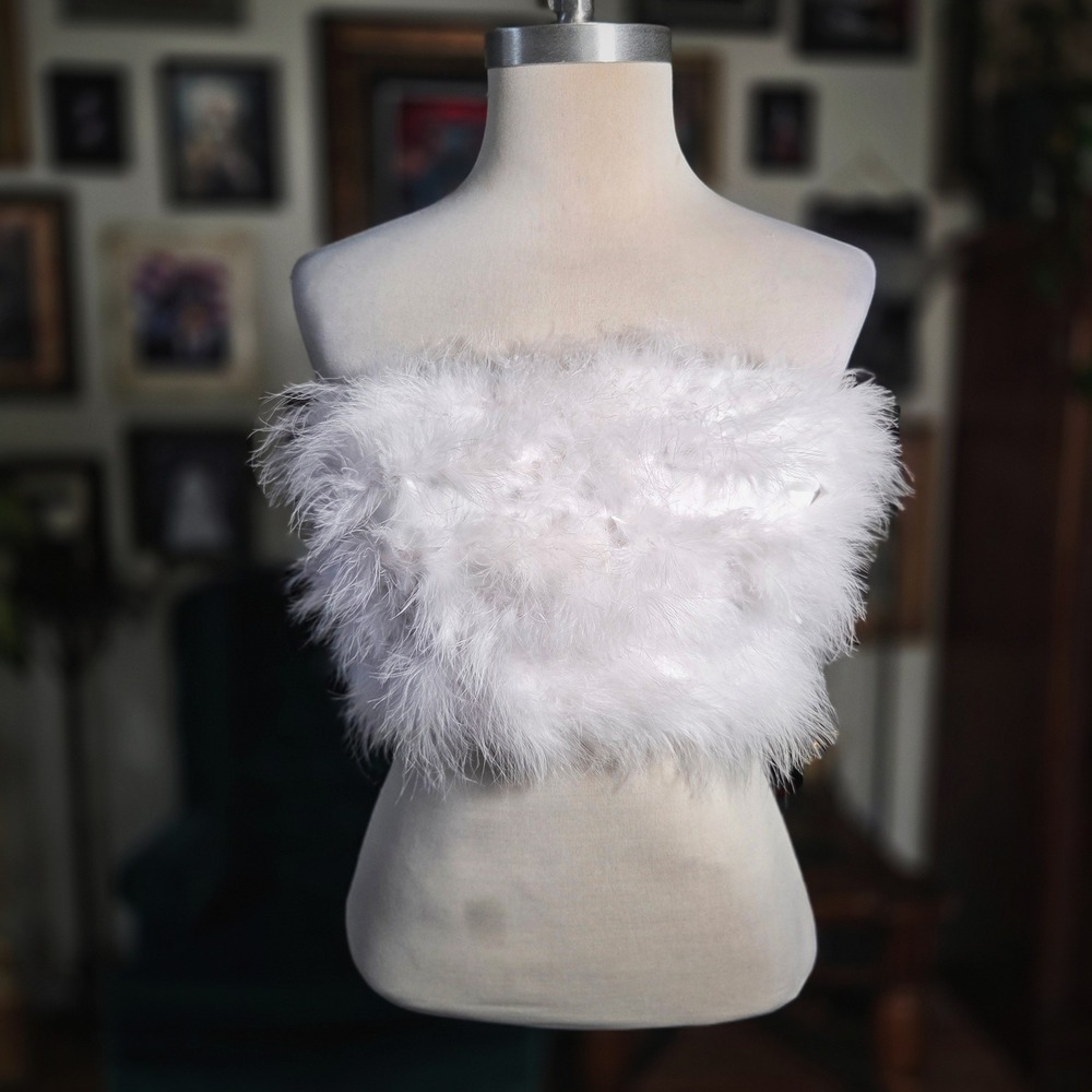 Finesse Feather Tube Top White Strapless Crop Fluffy Party Glam Bodice Womens M